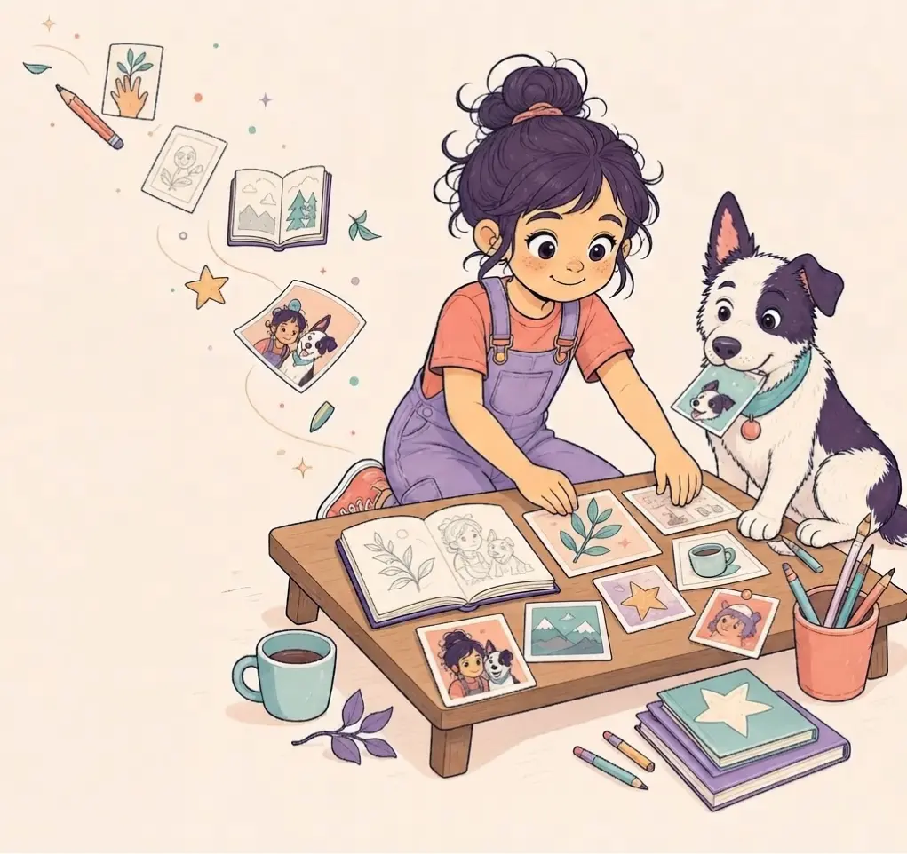 Ada laying out illustration cards with Fig at her side