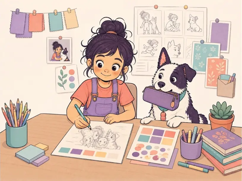 Ada drawing at her studio desk with Fig beside her